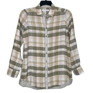 Foxcroft Womens Linen Shirt Size 6 Plaid Stripes Relaxed Adjustable Sleeves